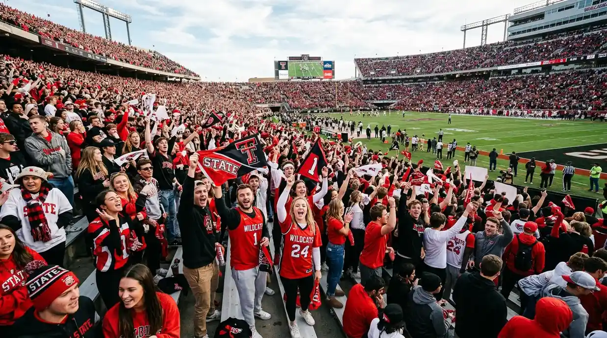 Grada de estadio universitario con aficionados animando partido de fútbol americano