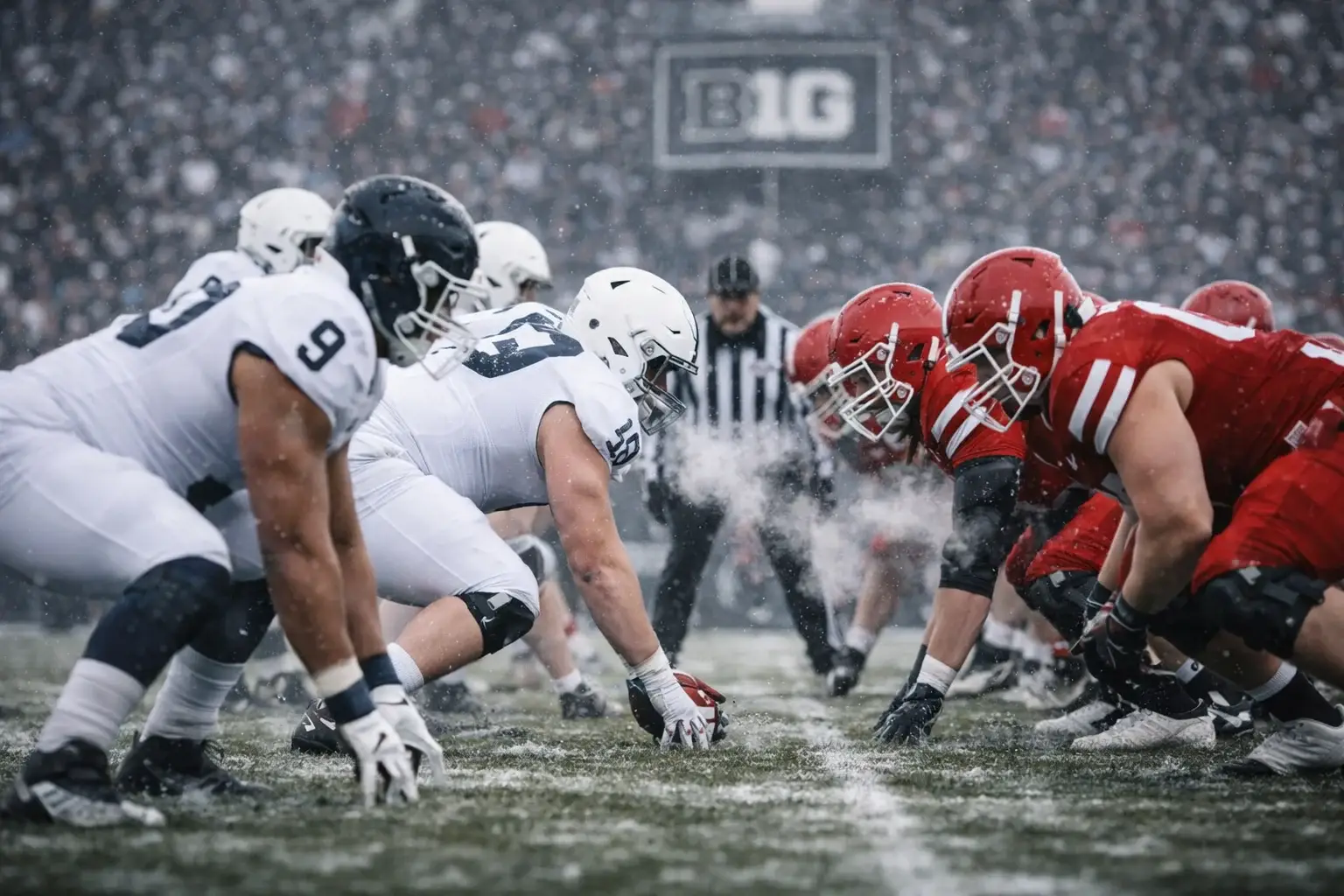Partido de fútbol americano del Big Ten en estadio con clima frío