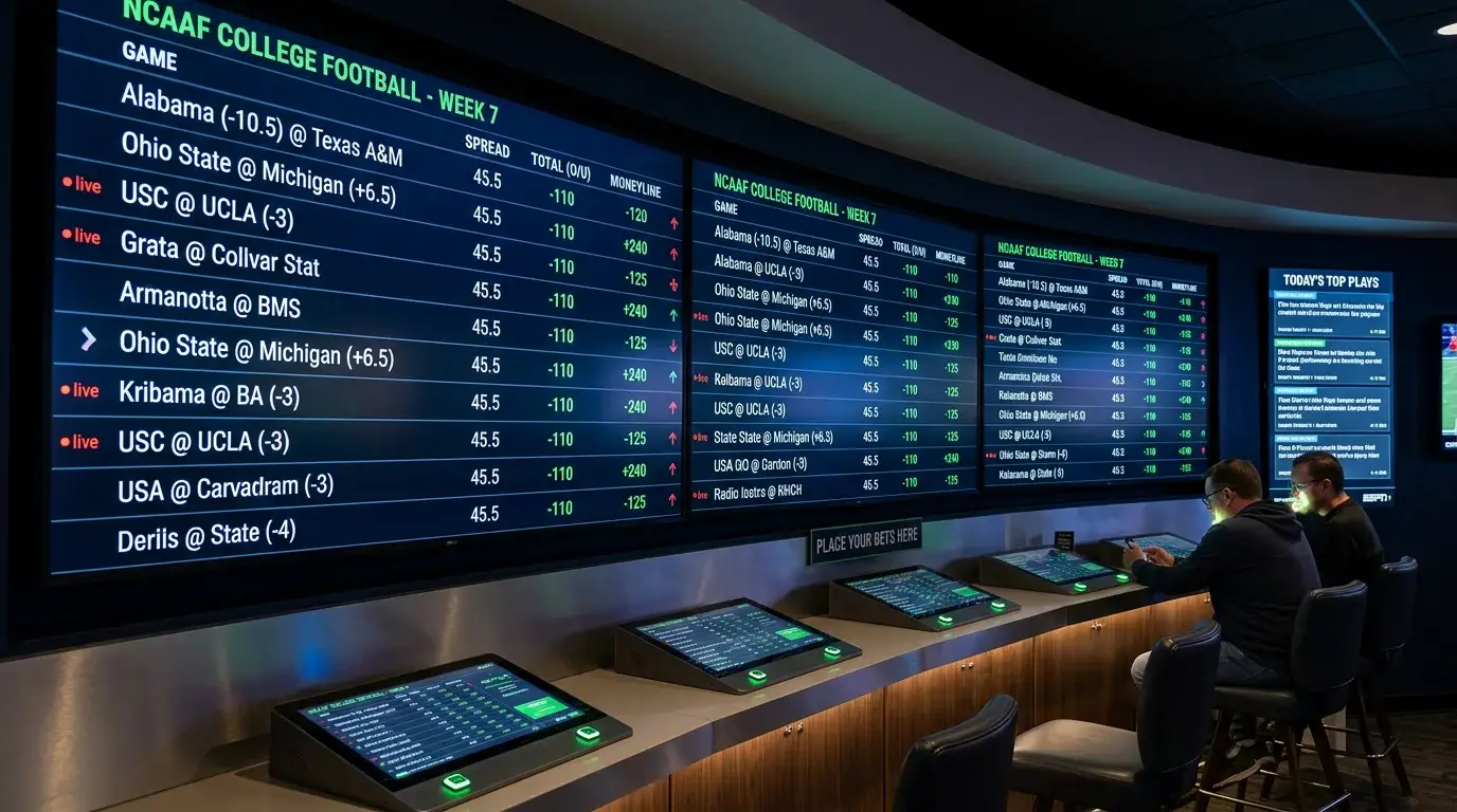 Pantalla de sportsbook mostrando cuotas de partidos de fútbol americano universitario